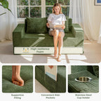 MAXYOYO Loveseat Sofa Bed, 64" Foldable Floor Sofa Couch in A Box with 2 Cup Holders, 4 in 1 Convertible Boneless Couch Folding Recliner Sleeper Chair for Living Room, No Assembly Required, Green