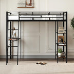 Giantex Twin Size Loft Bed with Desk & Shelves, Metal Bed Frame with Inclined Ladder & Full-Length Guardrails, High Loft Bed for Kids, Teens, Home, Dorm, Apartment, No Box Spring Needed