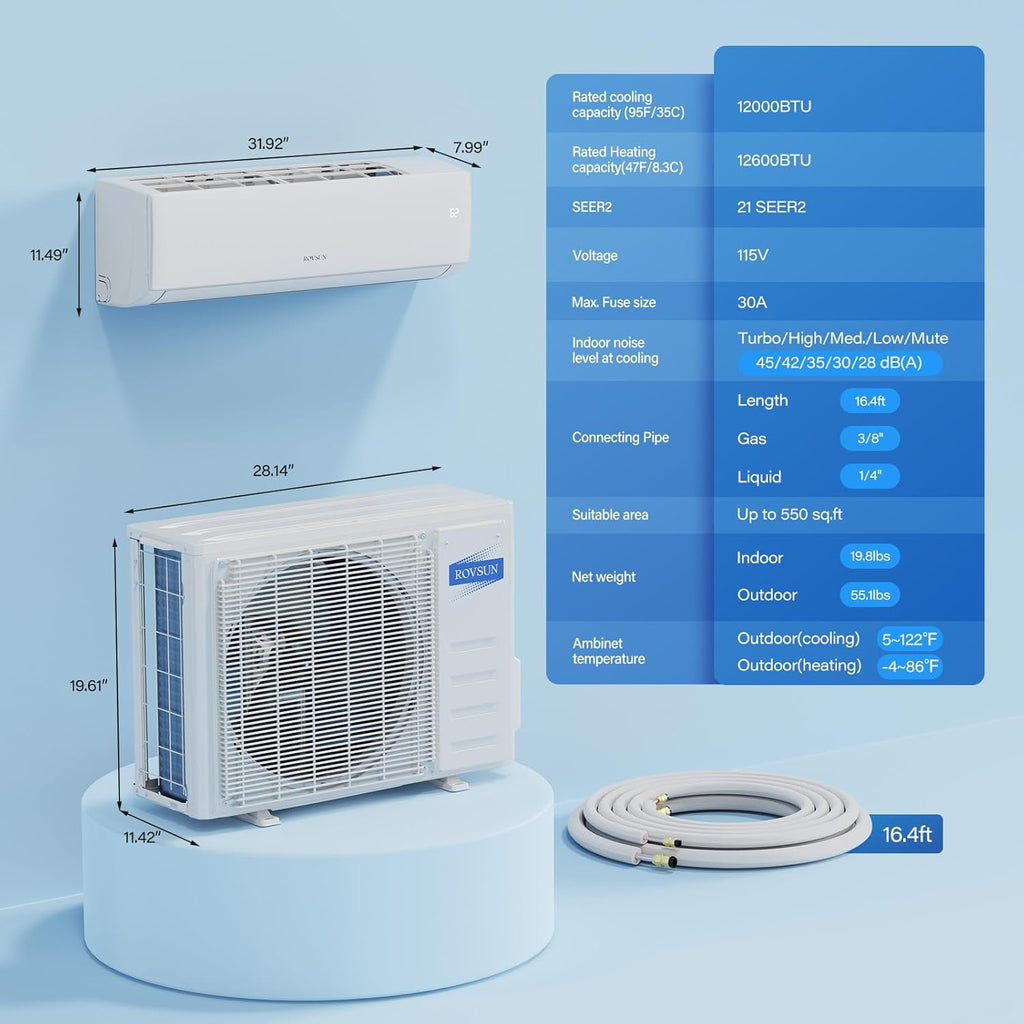 ROVSUN 12000 BTU Wifi Enabled Mini Split Air Conditioner & Heater with Inverter, 21 SEER2 Energy Saving 115V Ductless Split AC Unit with Pre-Charged Condenser, Heat Pump & Installation Kit