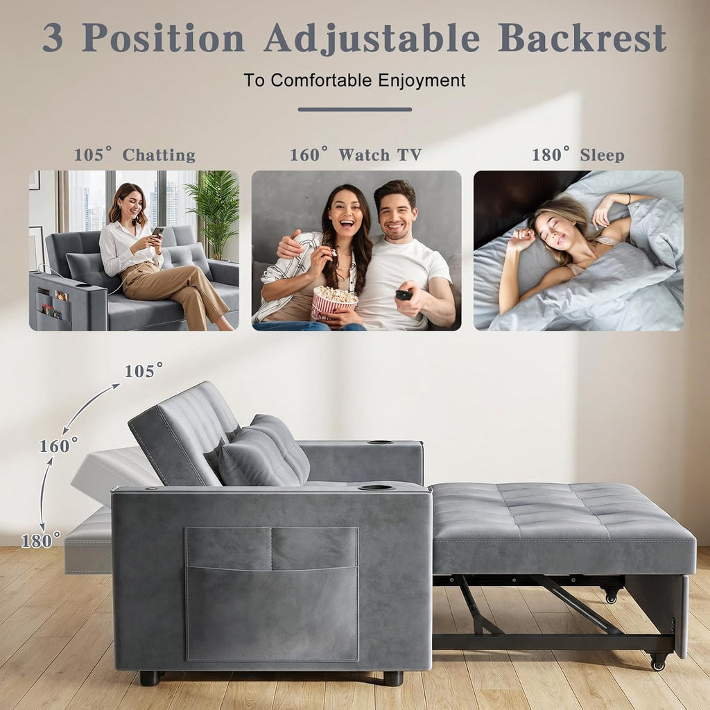 3-in-1 Pull Out Sofa Bed with Charging Station, Cup Holder & Side Storage - 70" Multi-Functional Recliner Sofa Bed for Home Living Room Grey 2
