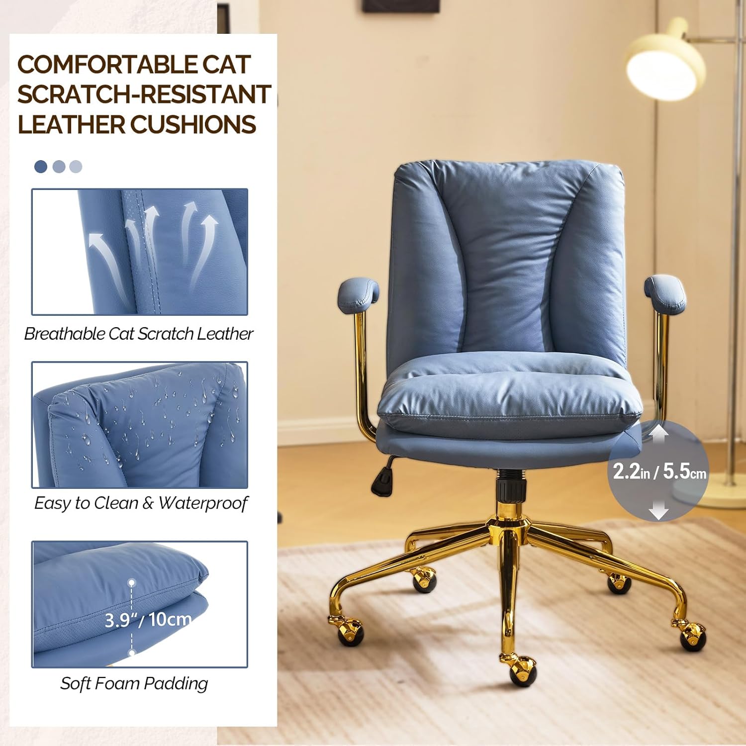 VINGLI Home Office Desk Chair Comfy with Wheels & Armrests,Gold Base Vanity Chair with Back,Adjustable Rolling Swivel Computer Task Chair for Study,Home Office,Cat Scratch PU,Navy Blue