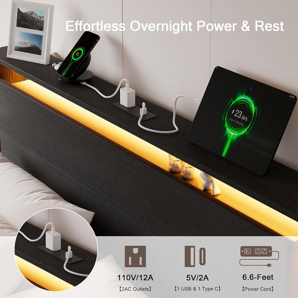Bed Frame Queen Size with LED Lights & Charging Station – Kids Wood Floating Queen Bed Frame with Storage Headboard, Adhesive Slats, Kick-Free & Noise-Free Design, Easy Assembly, Black