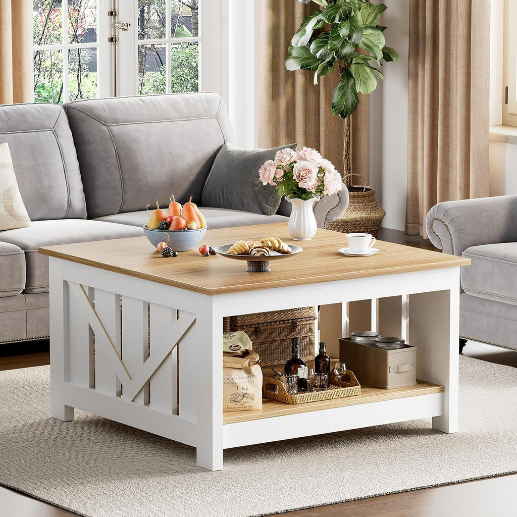 FABATO Lift Top Coffee Table, 31.5" Farmhouse Coffee Tables with Storage, Small Square Cocktail Tables, Wood Central Table for Living Room, Meeting Room, White