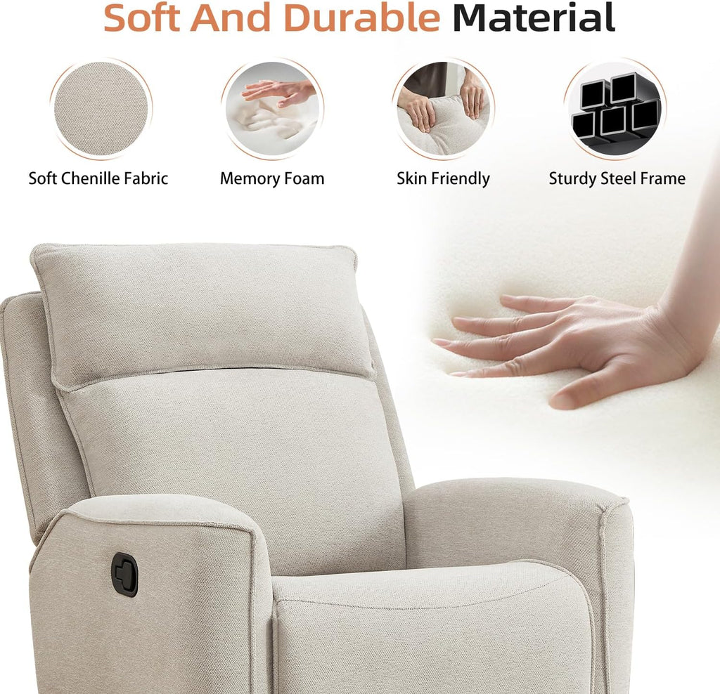 INZOY Nursing Rocking Chair Recliner, Swivel Rocker Recliner, Swivel Glider Rocking Recliners with Soft Backrest, Chenille Fabric Manual Reclining Sofa for Living Room Bedroom Apartment, Beige