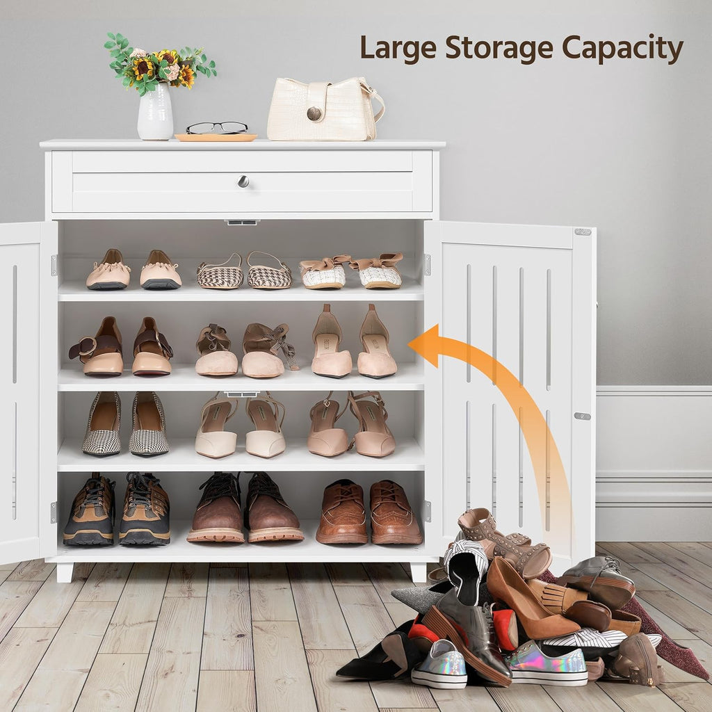 Yaheetech Shoe Cabinet, 4-Tier Shoe Storage Cabinet with Drawer & Adjustable Shelves, Wooden Shoe Rack Organizer with Louvered Doors for Entryway, Hallway, Closet, Living Room, White