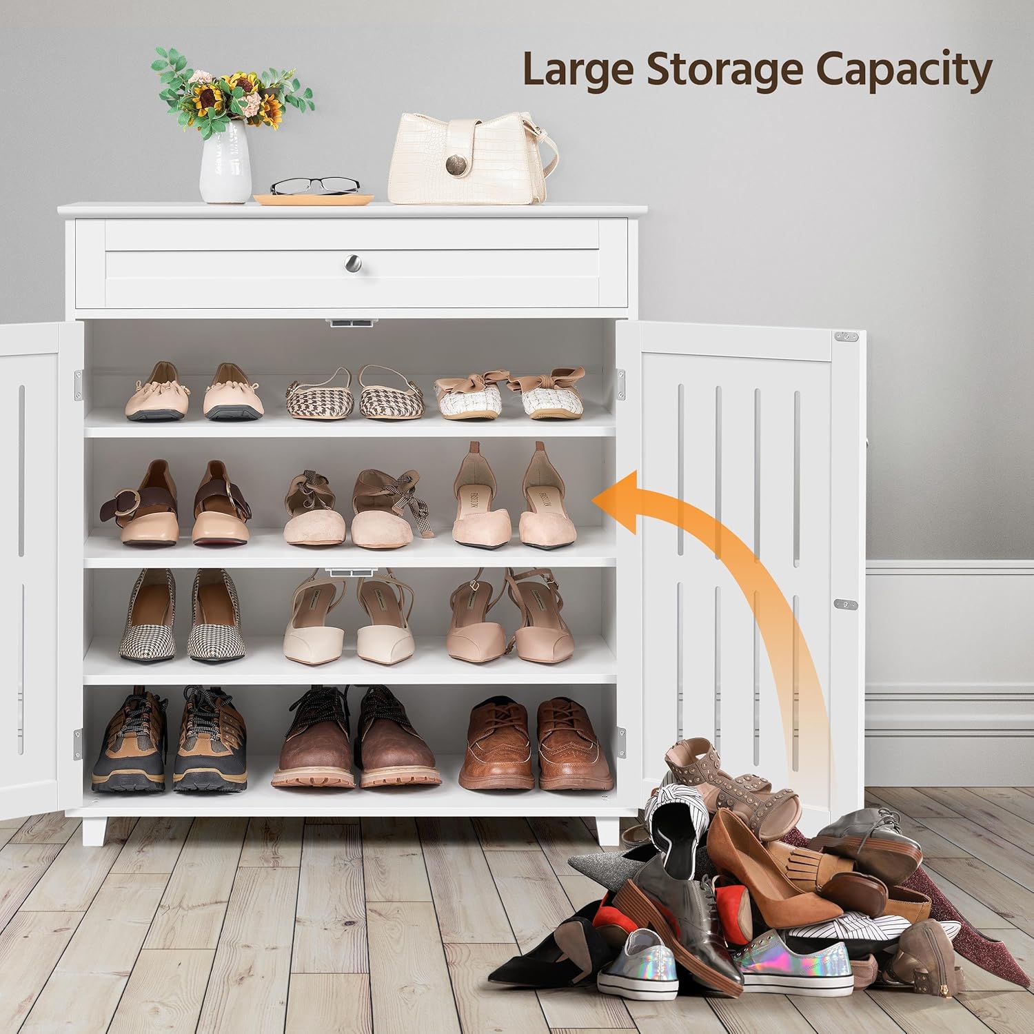 Yaheetech Shoe Cabinet, 4-Tier Shoe Storage Cabinet with Drawer & Adjustable Shelves, Wooden Shoe Rack Organizer with Louvered Doors for Entryway, Hallway, Closet, Living Room, White