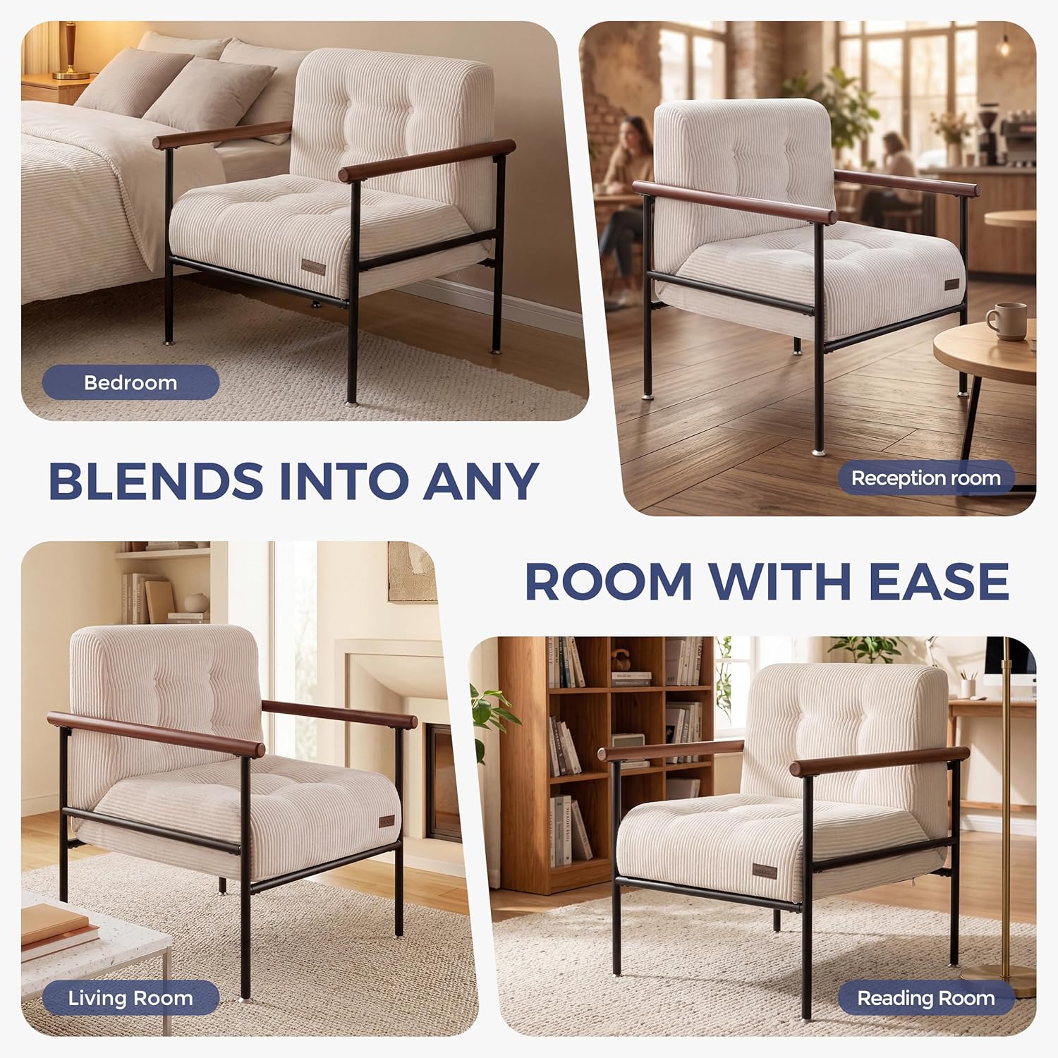 MAXYOYO Living Room Accent Chair, Modern Chair with Sturdy Metal Frame & Wood Armrests, Upholstered Reading Chair with Upholstered Cushion for Bedroom Balcony Porch, Beige