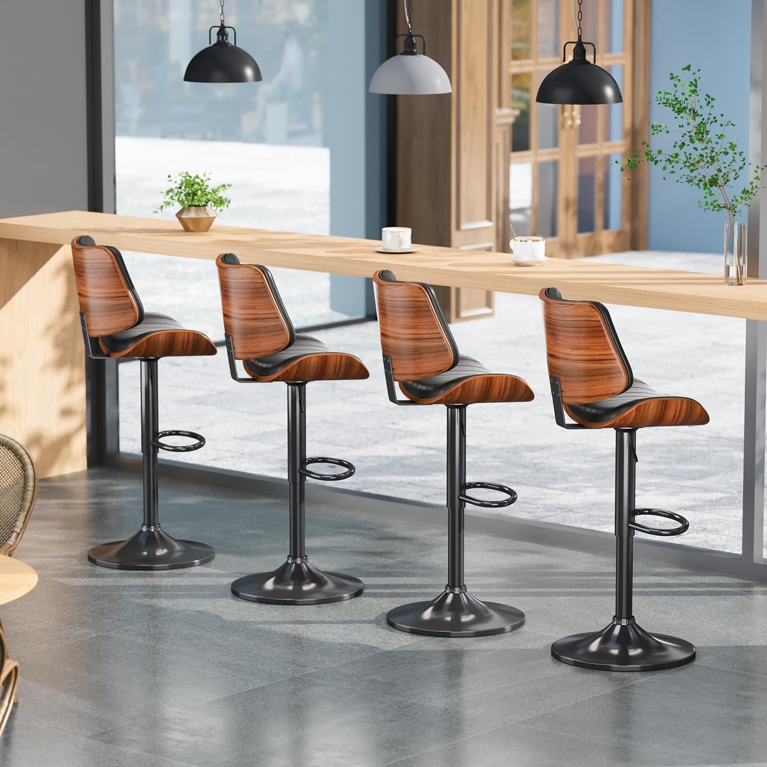 Swivel Bar Stools Set of 3, Adjustable Bentwood Barstools for Kitchen Counter, Modern PU Leather Upholstered Bar Chair with Back and Footrest, for Kitchen Island, Bar, Dining Room, Black