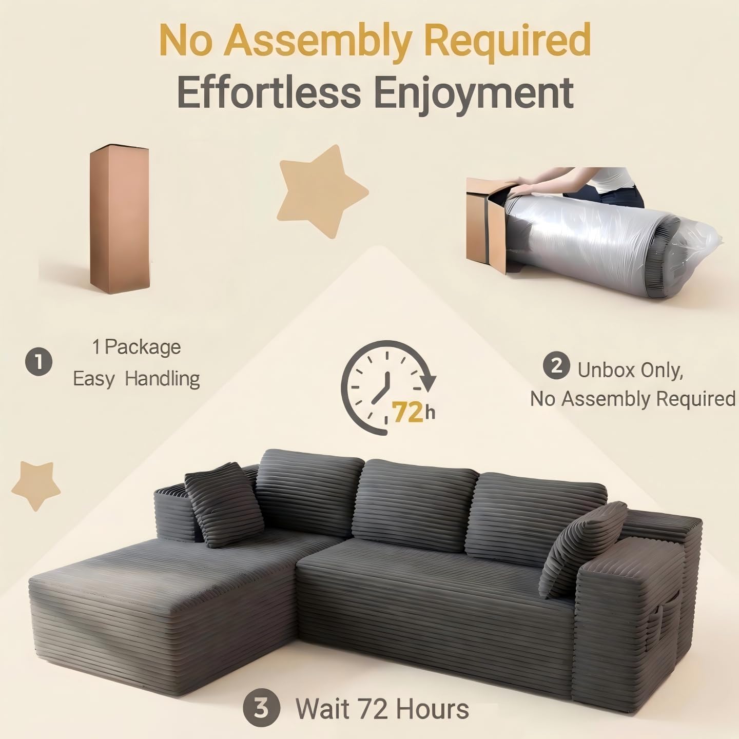 Gizoon 105" Oversized Floor Sofa Sectional, L Shaped Modular Cloud Couch with Chaise, Deep Seat Corduroy Memory Foam Boneless Couch for Living Room, No Assembly (Grey, Left Facing Chaise)