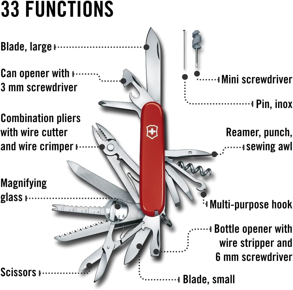 Victorinox Swiss Champ Swiss Army Knife, 33 Functions, Swiss Made Pocket Knife with Large Blade, Screwdriver, Chisel and Combination Pliers - Red