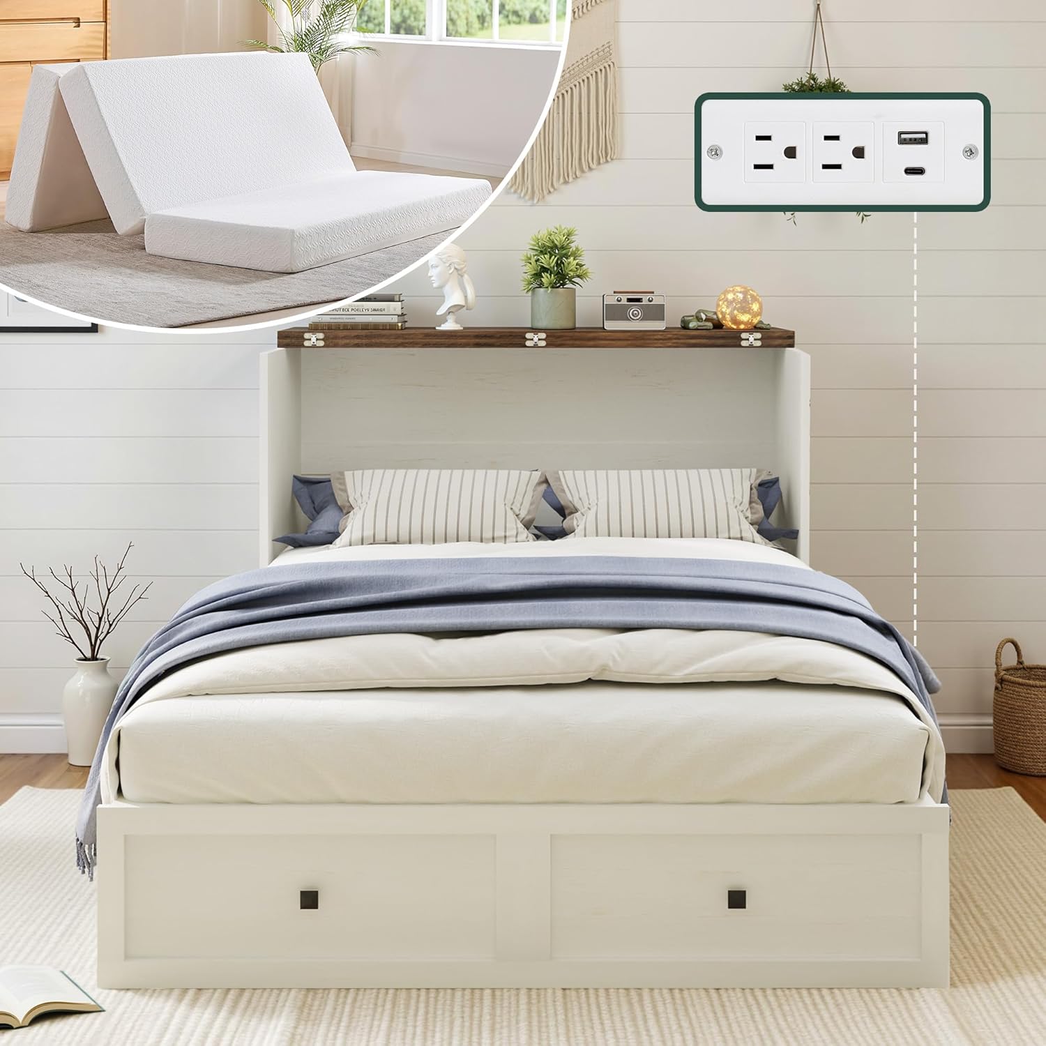 Queen Murphy Bed with 6" Tri-Fold Memory Foam Mattress, Storage Drawer & Charging Station, Space-Saving Design for Home Office or Guest Room, White