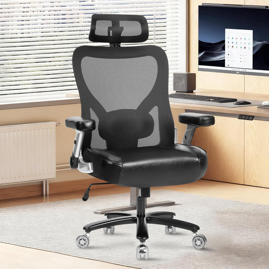 Super Big and Tall Office Chair 700lbs, Heavy Duty Executive Computer Chair with Rubber Wheels 3D Flip Arms, Ergonomic Mesh High Back Desk Chair, Extra Wide Seat Adjustable Lumbar Support and Headrest