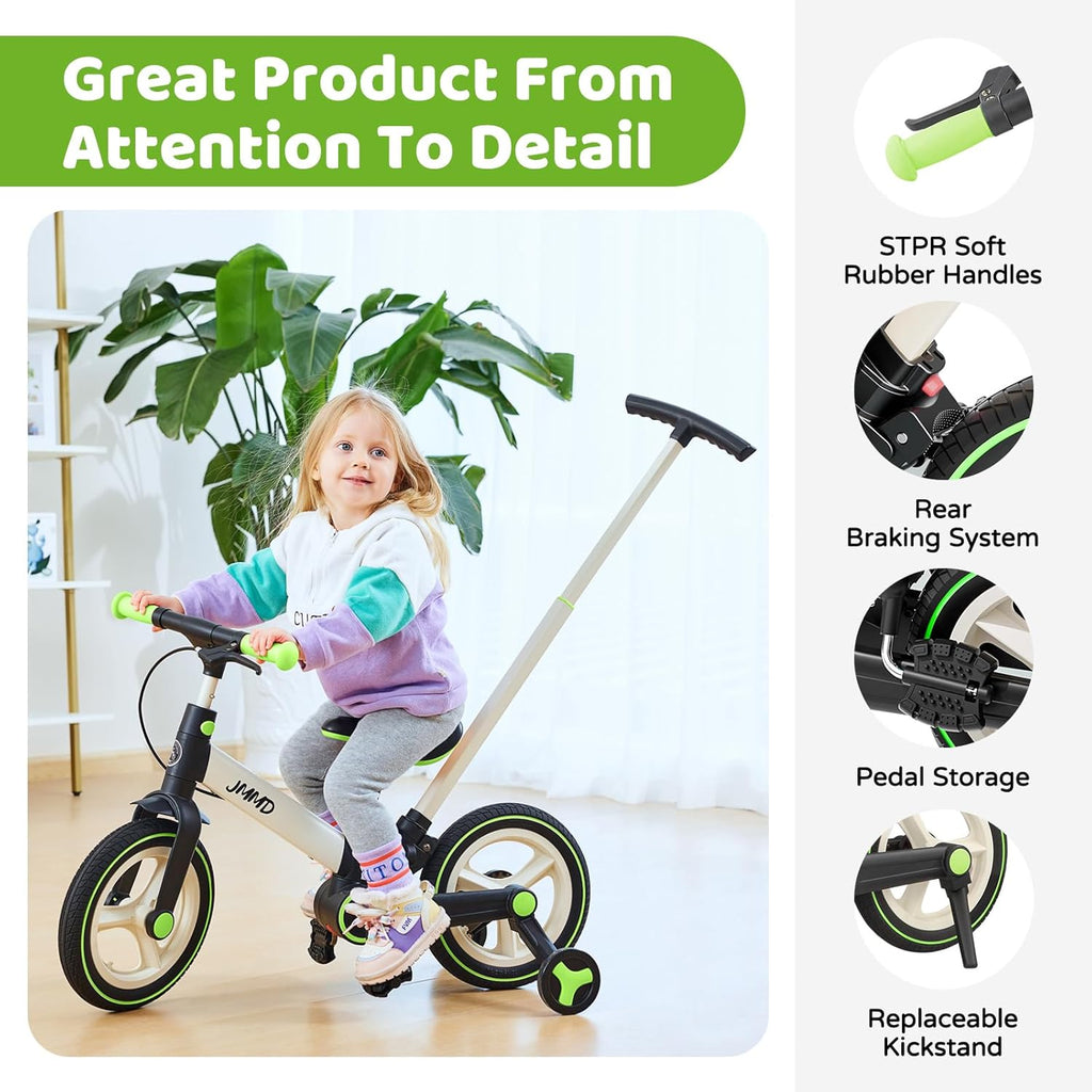 JMMD 6 in 1 Toddler Bike with Push Handle for Kids 18-60 Months, 12" Foldable Balance Bike with Training Wheels, Pedals, Brakes, Kickstand, Push Tricycle Toddler Gift & Toys for Boy & Girl