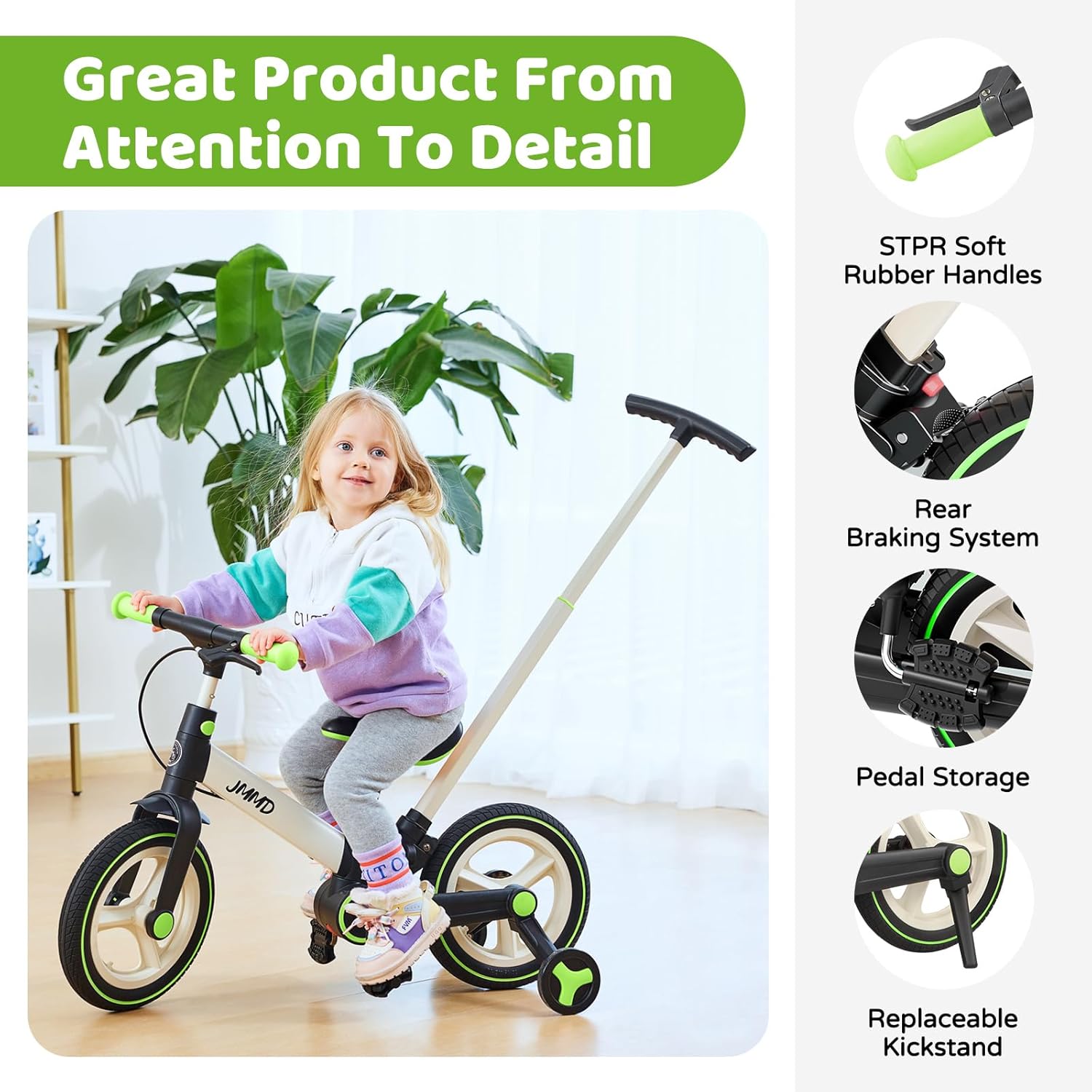 JMMD 6 in 1 Toddler Bike with Push Handle for Kids 18-60 Months, 12" Foldable Balance Bike with Training Wheels, Pedals, Brakes, Kickstand, Push Tricycle Toddler Gift & Toys for Boy & Girl