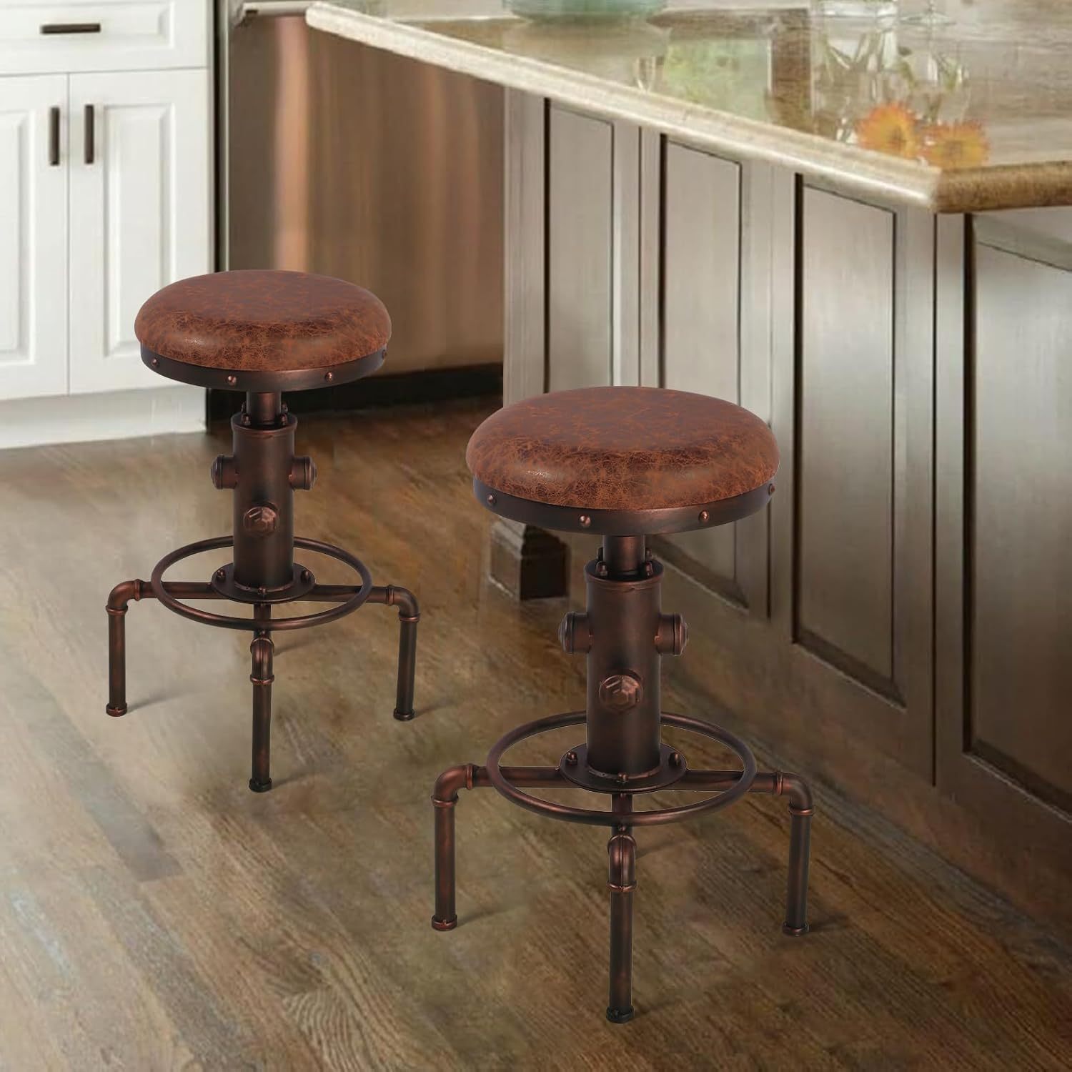 Topower 5 Piece Pub bar Set Industrial bar Table and PU Leather Seat Stools for 4, Height Adjustable Pub Table and stools Match bar Height and Counter Stool Red Bronze(1 Table + 4 Chairs)