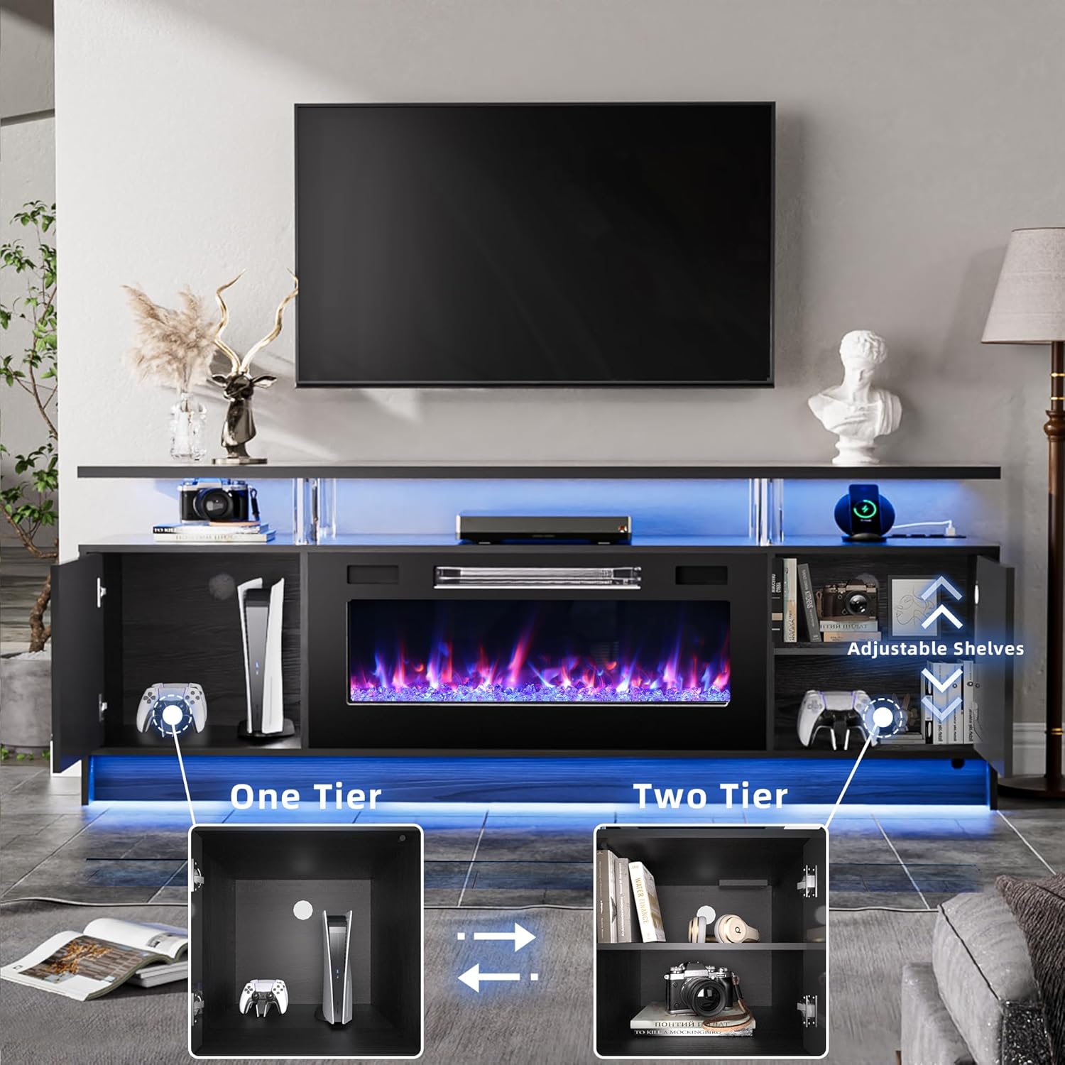 BREEZEHEAT 70 Inch Fireplace TV Stand for Up to 80" TV Console with 36'' Electric Fireplace & Outlet, Dual Led Lights Entertainment Center with Fireplace, Living Room, Black