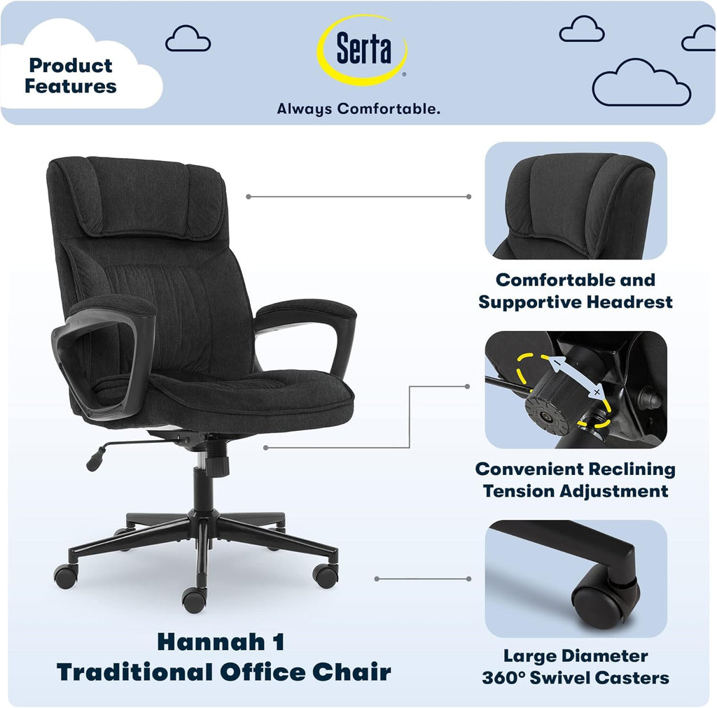 Serta® Hannah Executive Home Office Desk Chair, Ergonomic Mid-Back with Lumbar Support, Firm Seat Cushion, Layered Body Pillows, Padded Armrests, Swivel Base, Easy Assembly, Microfiber, Charcoal Gray