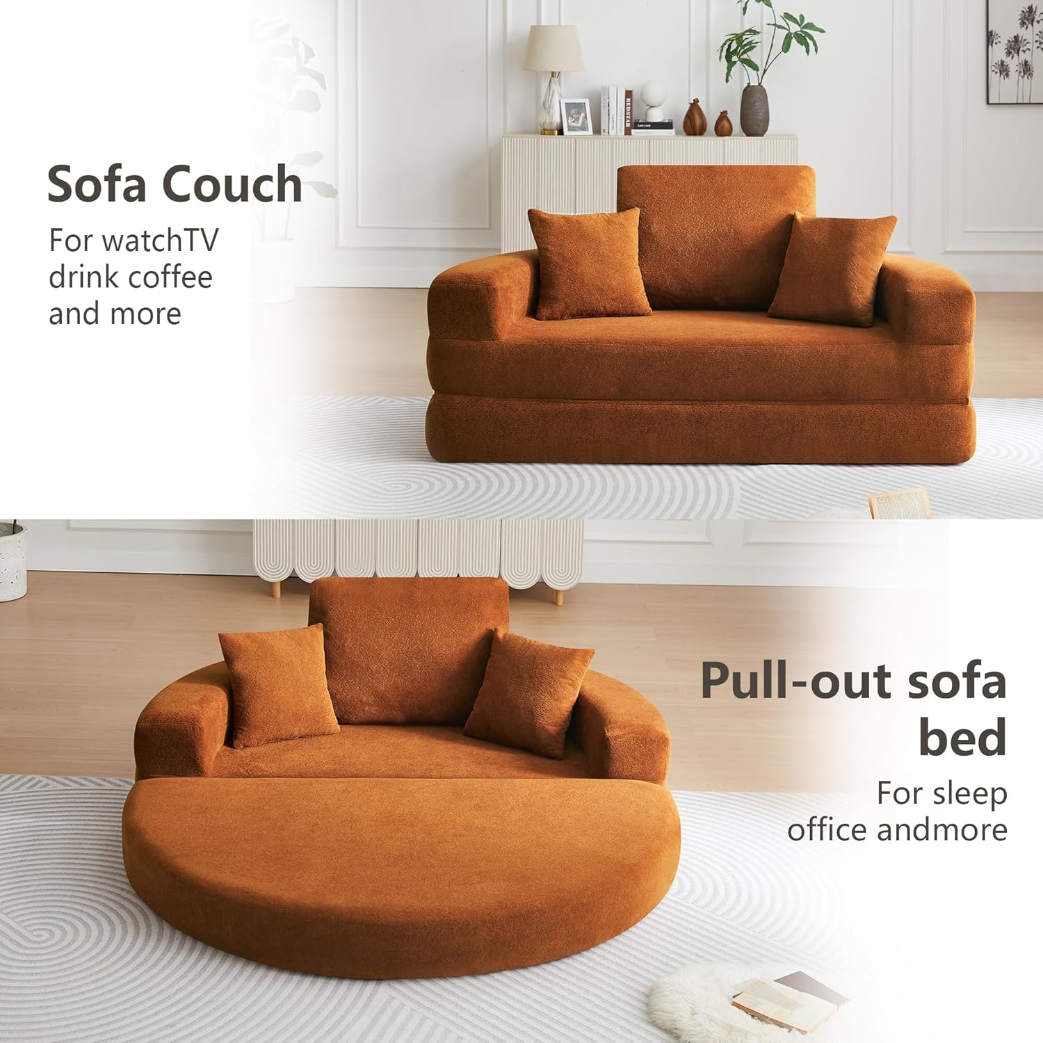 71" Boneless Couch Sofa Bed Oversized Round Couch 2-in-1 Foldable Floor Loveseat Sofa for Living Room and Apartment No Assembly (Orange, 71")