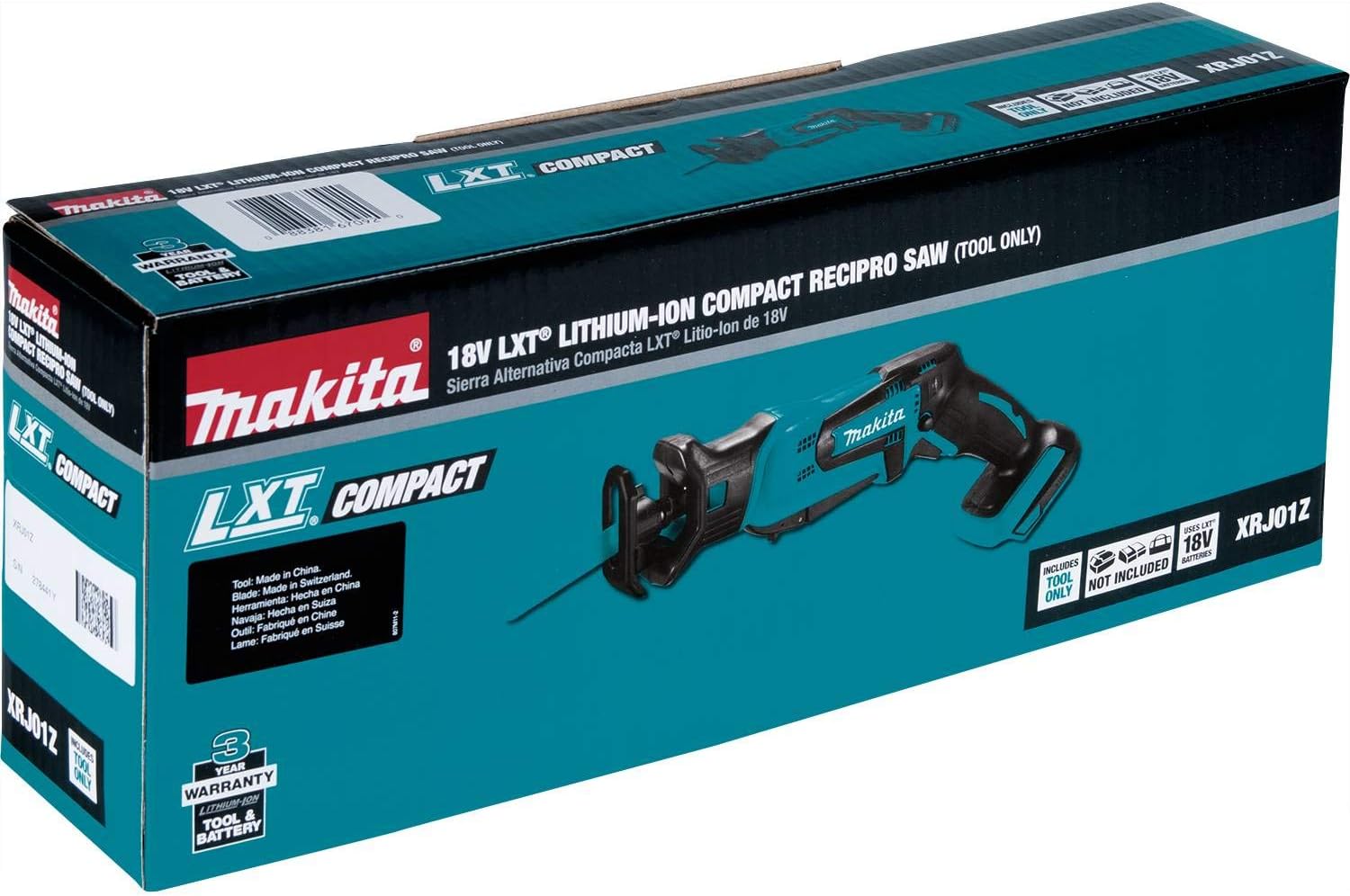 Makita XRJ01Z 18-Volt LXT Lithium-Ion Cordless Compact Reciprocating Saw (Tool Only, No Battery), Bare Tool