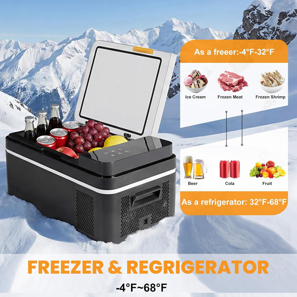 NEWBULIG 12 Volt Car Refrigerator, 21QT Single-Zone Electric Cooler for Vehicles, 12/24V DC & 100-240V AC, -4℉-68℉ Freezer, Bluetooth Control, Battery Protection & Child Lock for Travel, Camping