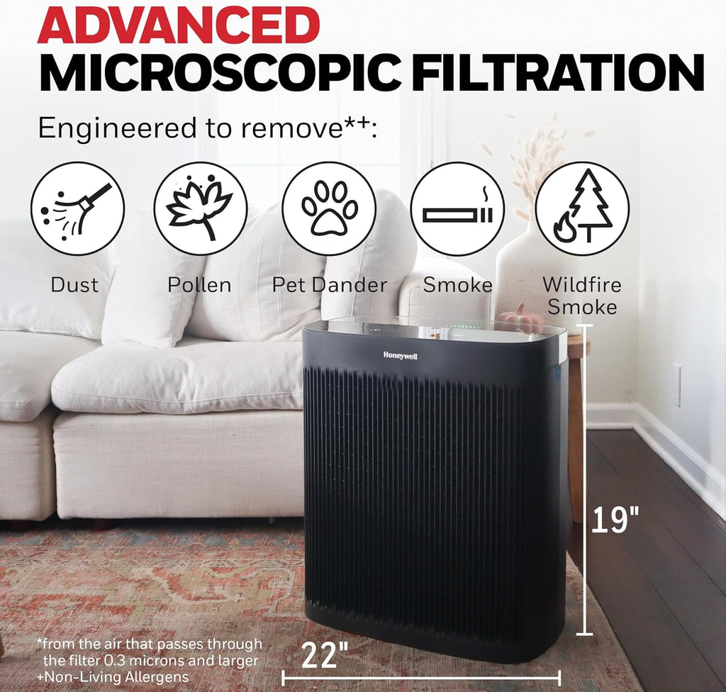 Honeywell HEPA Air Purifier for Home, 2423 Ft² Rooms in 1 hour, Air Quality Monitor, Auto Mode, Reduces Allergens, Dust, Pollen, Pet Dander, Odors, Smoke, Black, HPA5300B
