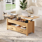 GarveeHome Coffee Table Lift Top, Convertible Coffee Table with Wooden Lift Tabletop, 2 Drawers and Hidden Compartment, Central Table with Storage for Living Room Home Office, Natural