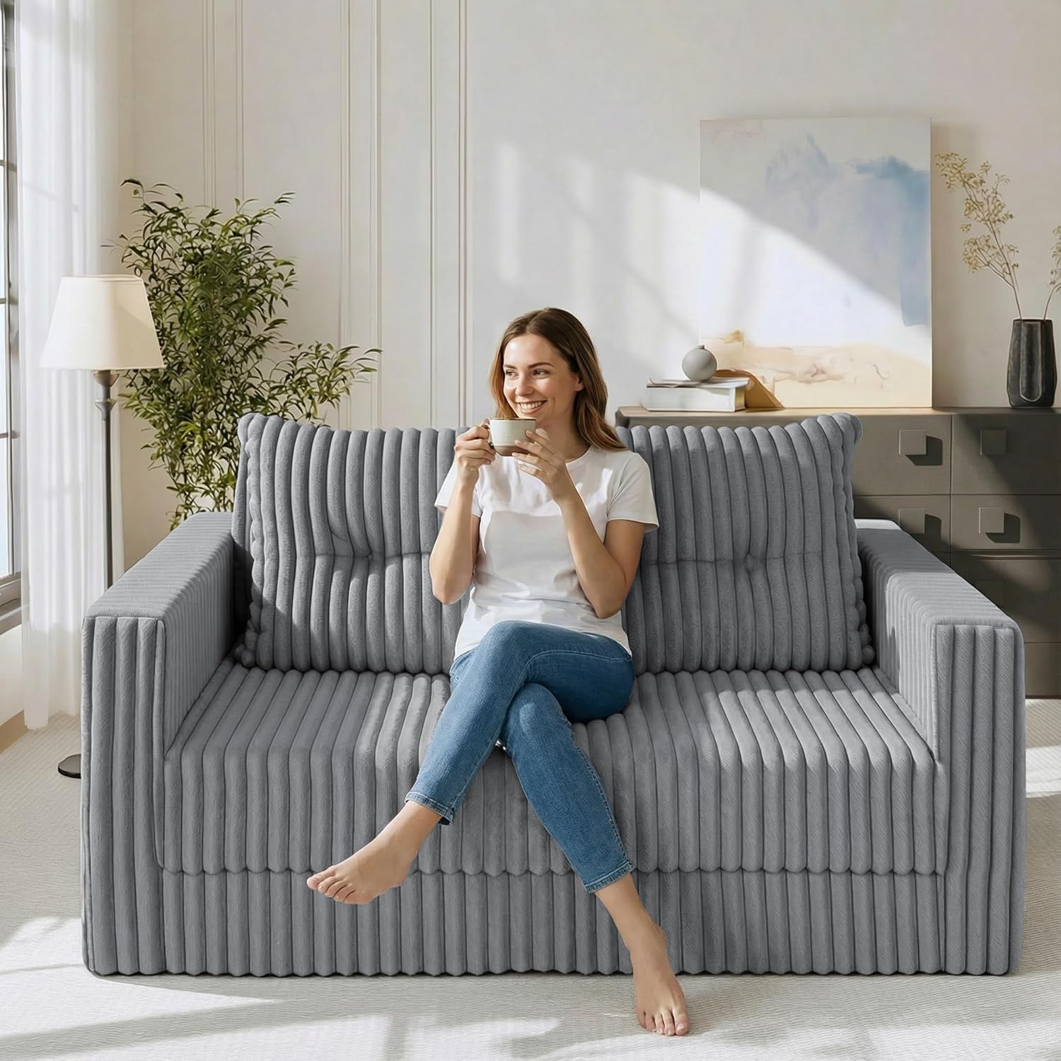 HABUTWAY Folding Sofa Bed, 2 in 1 Convertible Sleeper Chair with Pillow, Portable Fold Out Chair Bed with Armrest, Comfy Floor Couch, Lazy Sofa for Living Room Bedroom Dorm Home Office, Light Grey