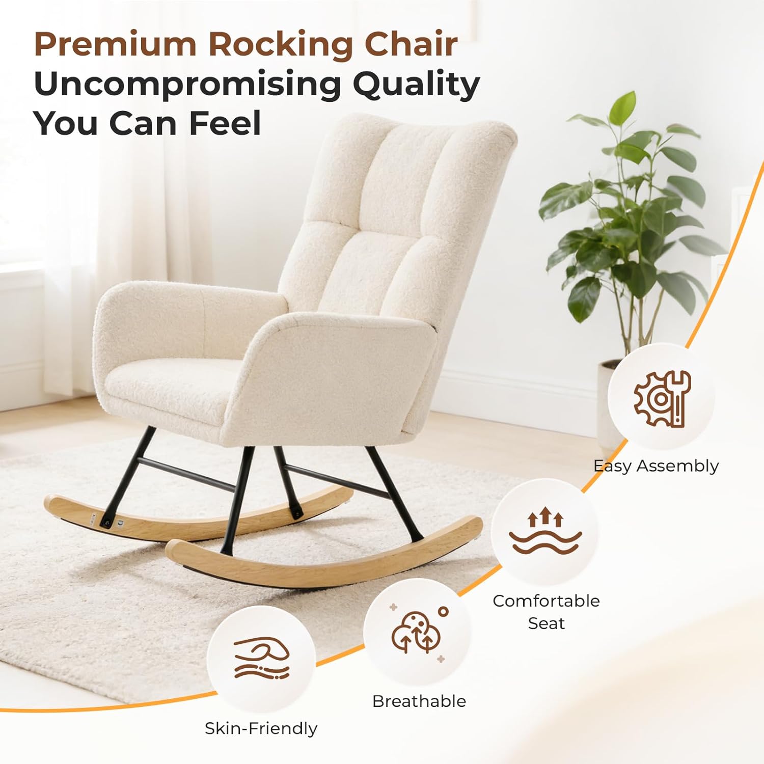 DUMOS Nursery Rocking Chair Teddy Upholstered, Comfy Glider Rocker with High Backrest Armchair Padded Seat, Accent Side Chair for Living Room Bedroom Offices Small Spaces Indoor, Beige