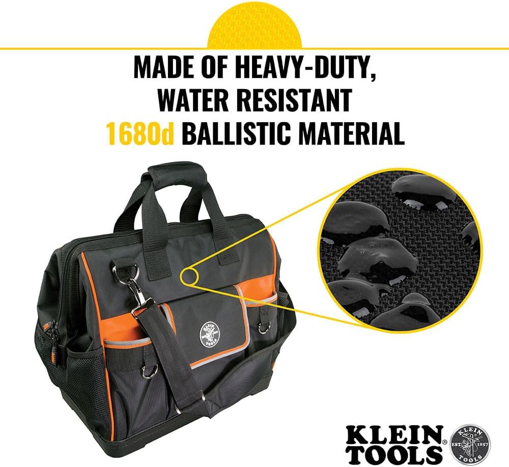 Klein Tools 55469 Tradesman Pro Wide-Open Tool Bag Made of 1680 Ballistic Weave with Molded Bottom and Detachable Shoulder Strap