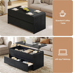 Coffee Table Lift Top with 2 Drawers, 40 Inch Multi-Function Coffee Table with Hidden Compartment, Curved Profile Design, Converts to Home Office Table for Living Room, Black