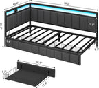 Hasuit Corner Bed Frame with Storage Drawers, Twin Daybed with Line Fabric Upholstered Fence, Kids Bed Unit with LED Light and Charging Station, Modern Bed Frame
