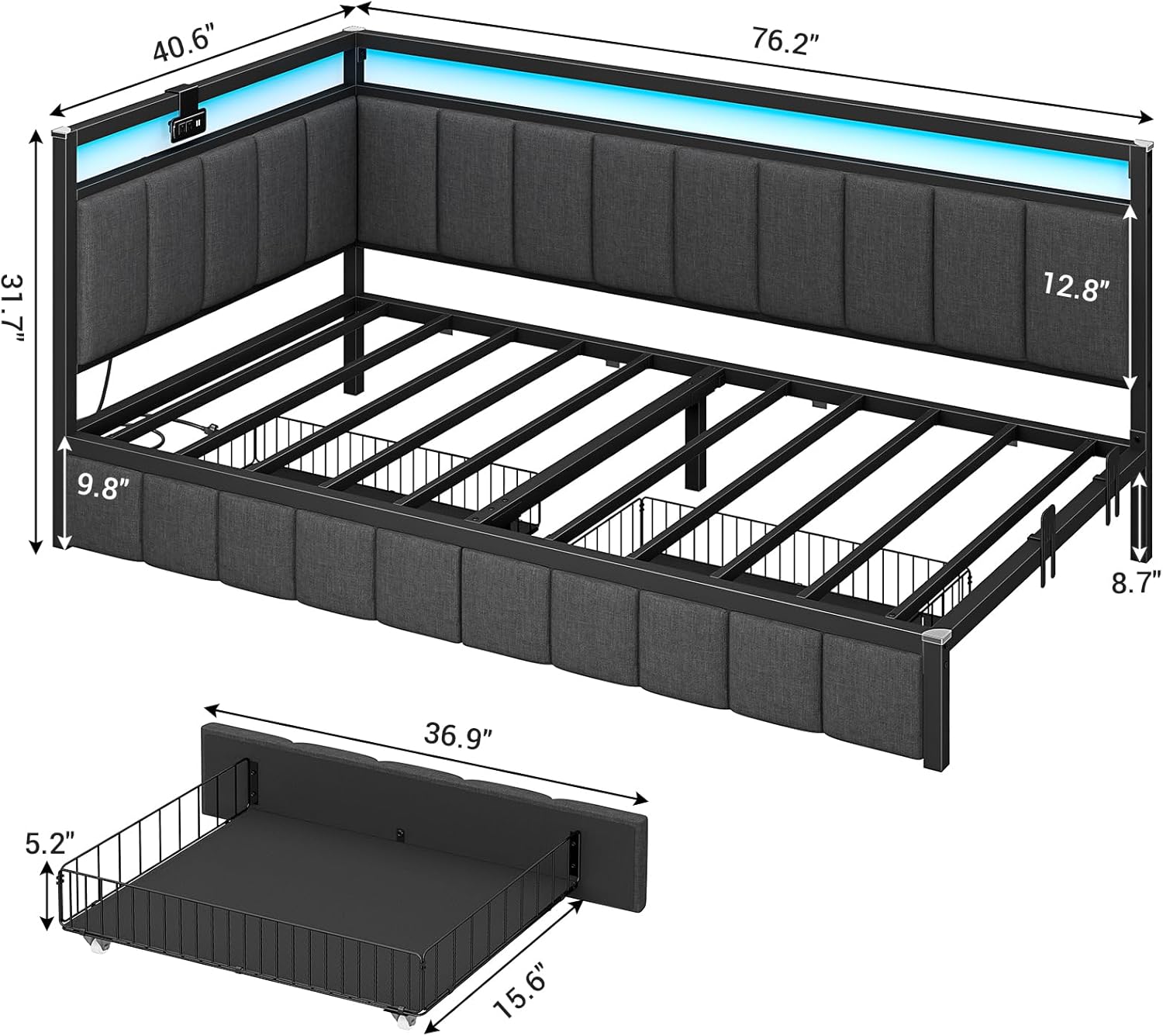 Hasuit Corner Bed Frame with Storage Drawers, Twin Daybed with Line Fabric Upholstered Fence, Kids Bed Unit with LED Light and Charging Station, Modern Bed Frame
