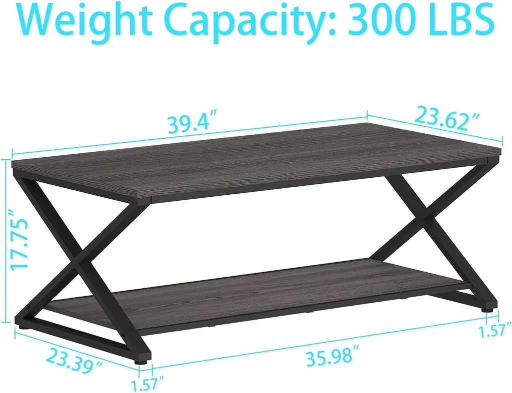 HSH Gray Storage Coffee Table, Modern Center Table for Living Room with Display Shelf, Simple Metal Wooden Rectangle Cocktail Tea Table, Minimalist Home Office Bedroom 2 Tier Coffee Table, 39 Inch
