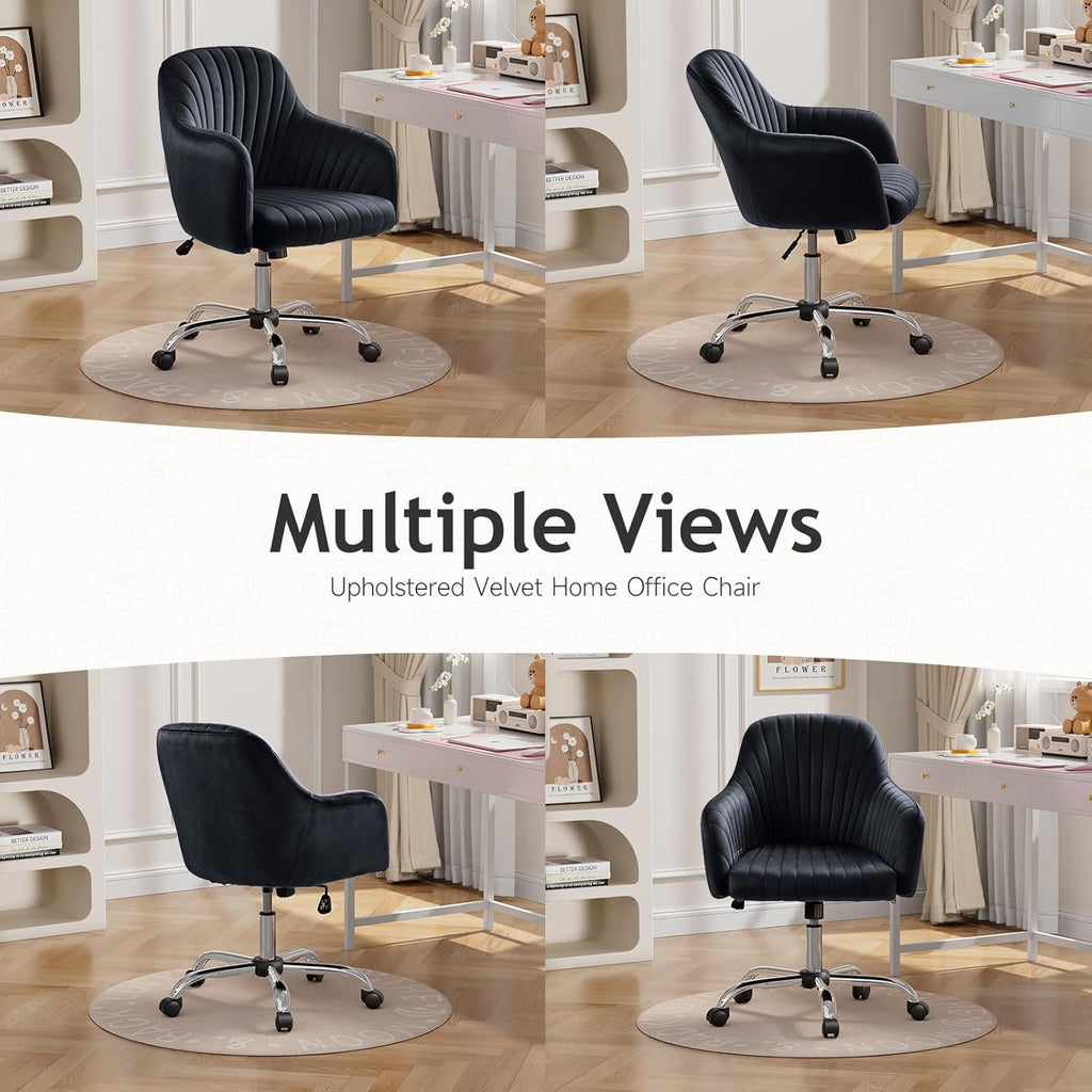 Warmiehomy Office Chair, Velvet Desk Chair for Home Office, Cozy Vanity Chair, Girl Cute Makeup Chair with Arm Rest for Bedroom Dressing Room (Classic Black)
