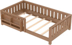 Bellemave Natural Montessori Floor Bed with Fence and Slats, Twin Size Montessori Floor Bed with Bookcase and High Rails, Easy Assemble Bed Frame for Girls, Boys, Twin