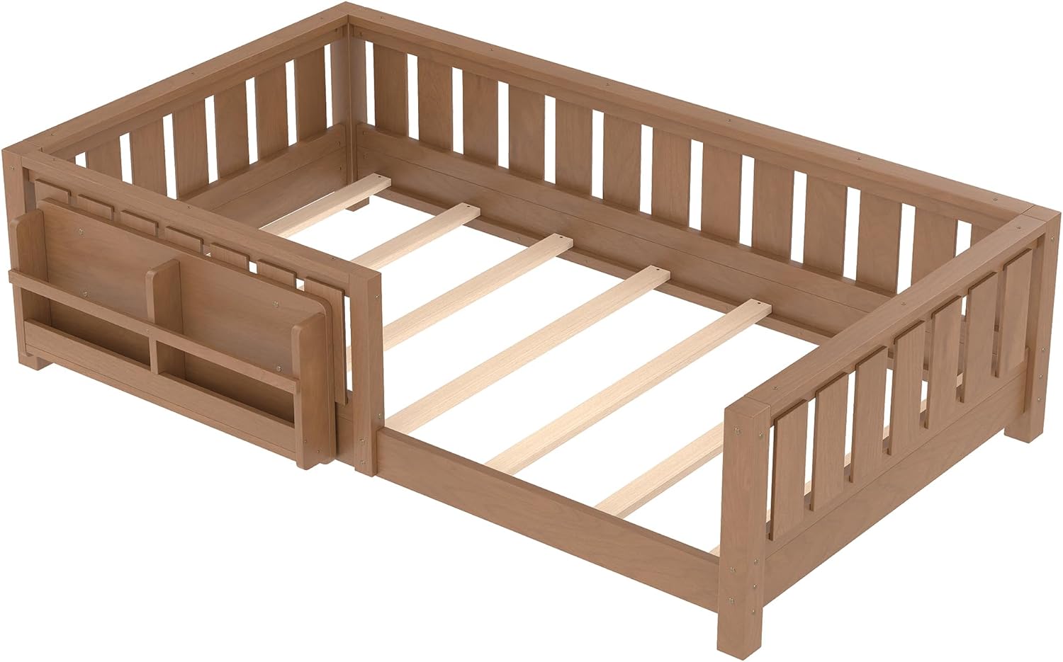 Bellemave Natural Montessori Floor Bed with Fence and Slats, Twin Size Montessori Floor Bed with Bookcase and High Rails, Easy Assemble Bed Frame for Girls, Boys, Twin