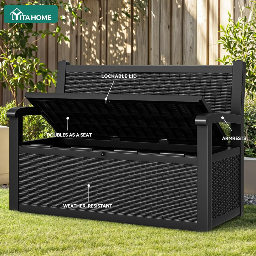 YITAHOME 70 Gallon Deck Bench with Storage  Outdoor Storage Box Bench with Armrests for Patio Garden Pool Porch  Waterproof&Lockable  Black