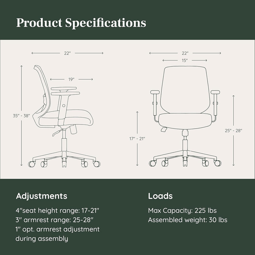 Branch Daily Chair - Computer Office Chair with Swivel, Lumbar Rest, and Adjustable Armrests - Sustainable, Stylish Mesh, & Adjustable Armrests - Comfortable Seating for Improved Posture - Blue