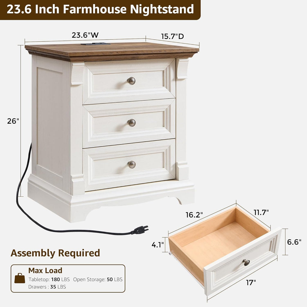 T4TREAM Farmhouse Nightstand Set of 2, 23.6" End Table with 3 Drawers Storage, Wood Side Table w/Roman Column, End Tables Living Room Set of 2, Bedside Cabinet for Bedroom, Living Room, Antique White