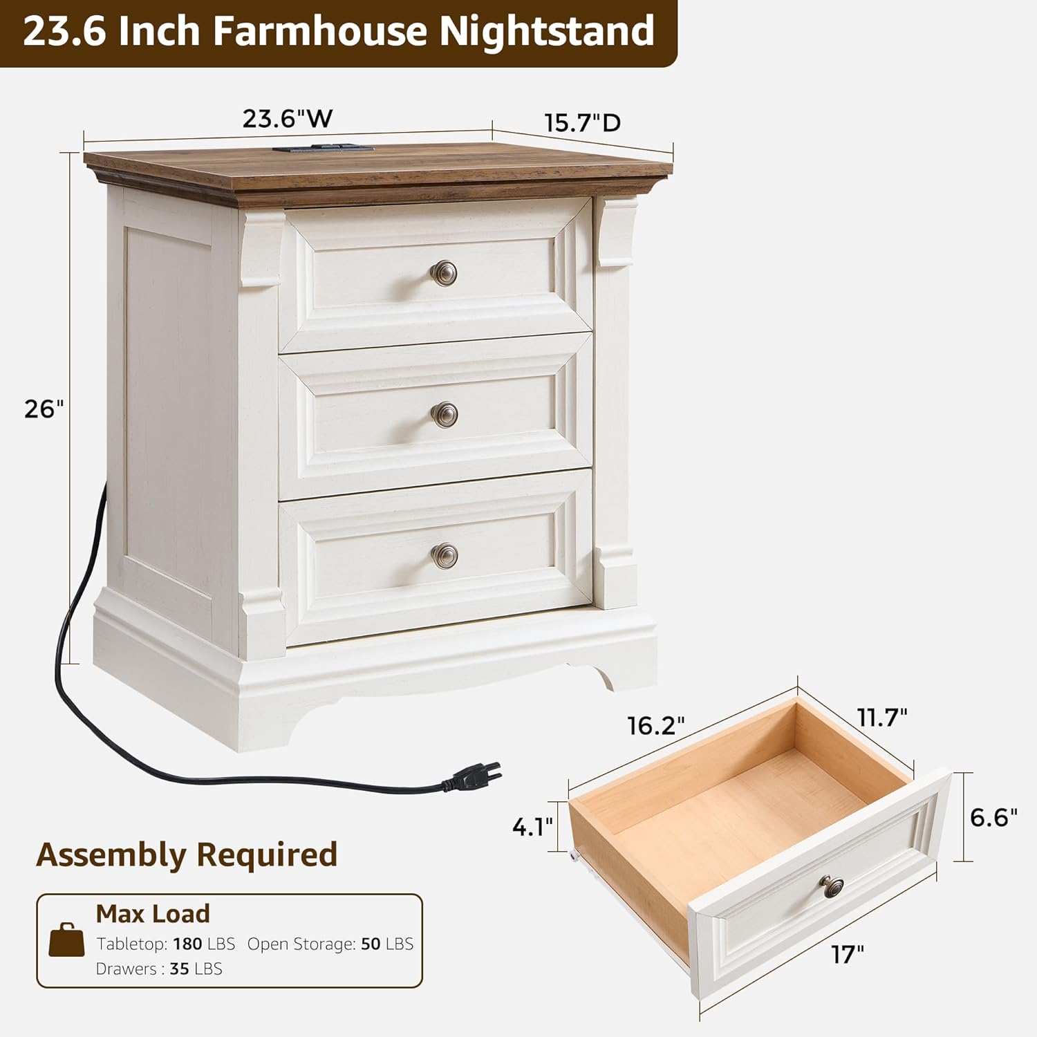 T4TREAM Farmhouse Nightstand Set of 2, 23.6" End Table with 3 Drawers Storage, Wood Side Table w/Roman Column, End Tables Living Room Set of 2, Bedside Cabinet for Bedroom, Living Room, Antique White