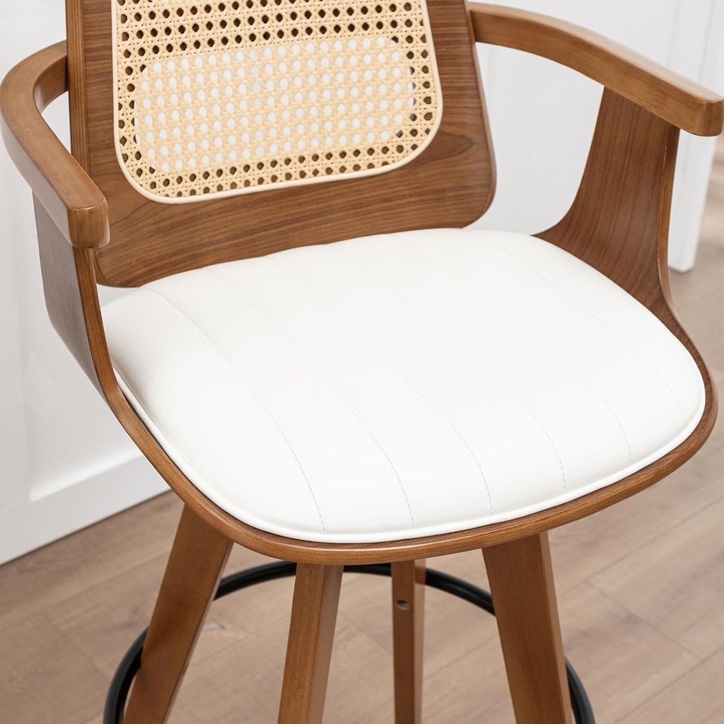 Counter Height Stools Set of 2, 26.3" Seat Height 360° Swivel Stools with Ergonomic Rattan Back, Faux Leather Seat, Bamboo Legs with Walnut Finish, Mid-Century Style (Cream)