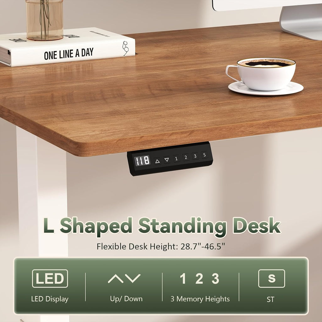 Farmhouse L Shaped Standing Desk, 66 inch Corner Electric Standing Desk with Drawers ＆ Storage Shelves, Height Adjustable Computer Desk with Power Outlets for Home Office, Antique White