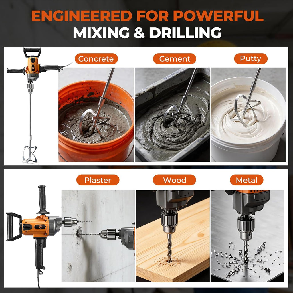 Drill Mixer Set, 20 Amp Corded Mixing Drill with 5/8" All-Metal Chuck, 1100 RPM Heavy Duty Concrete Mud Mixer with 360° Adjustable D-Handle for Cement Mortar Paint Grout Plaster Thinset