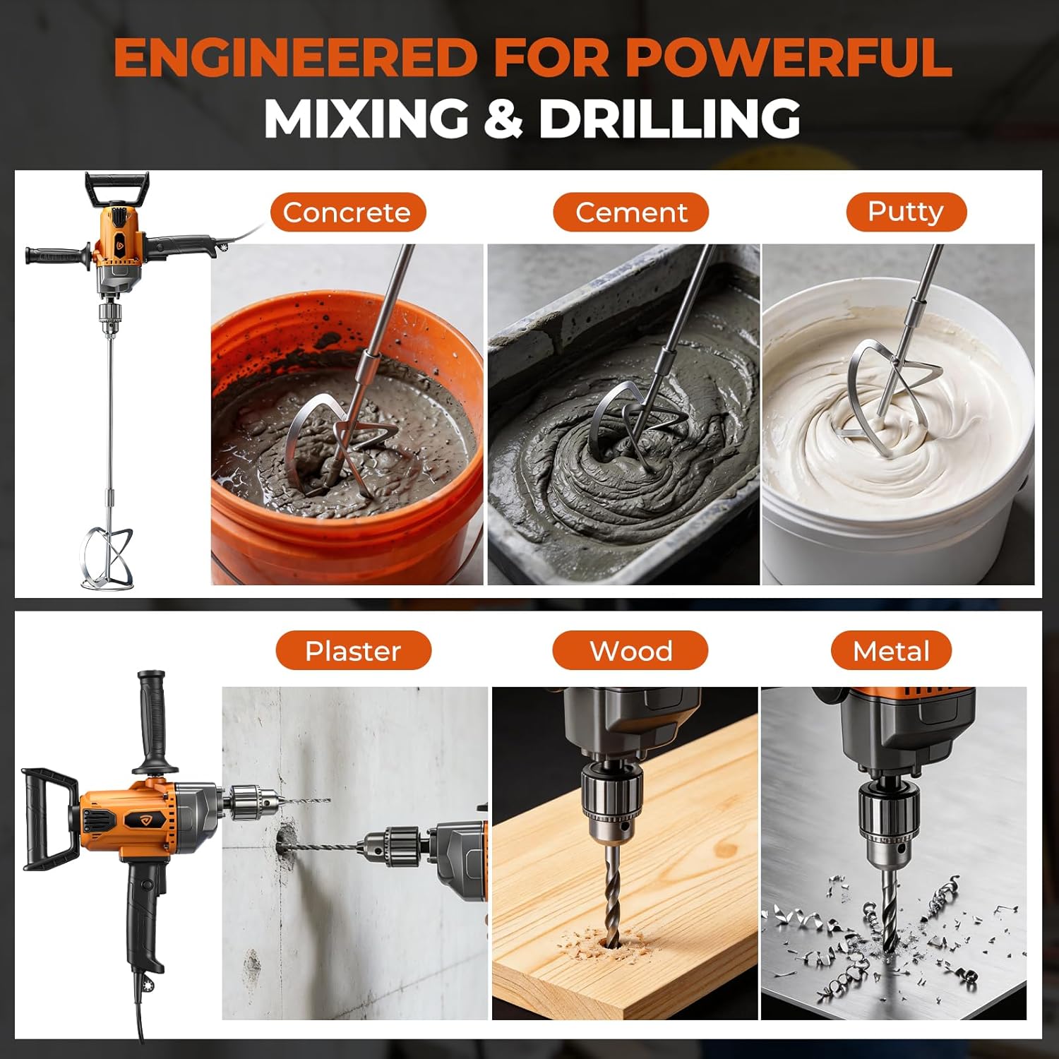 Drill Mixer Set, 20 Amp Corded Mixing Drill with 5/8" All-Metal Chuck, 1100 RPM Heavy Duty Concrete Mud Mixer with 360° Adjustable D-Handle for Cement Mortar Paint Grout Plaster Thinset