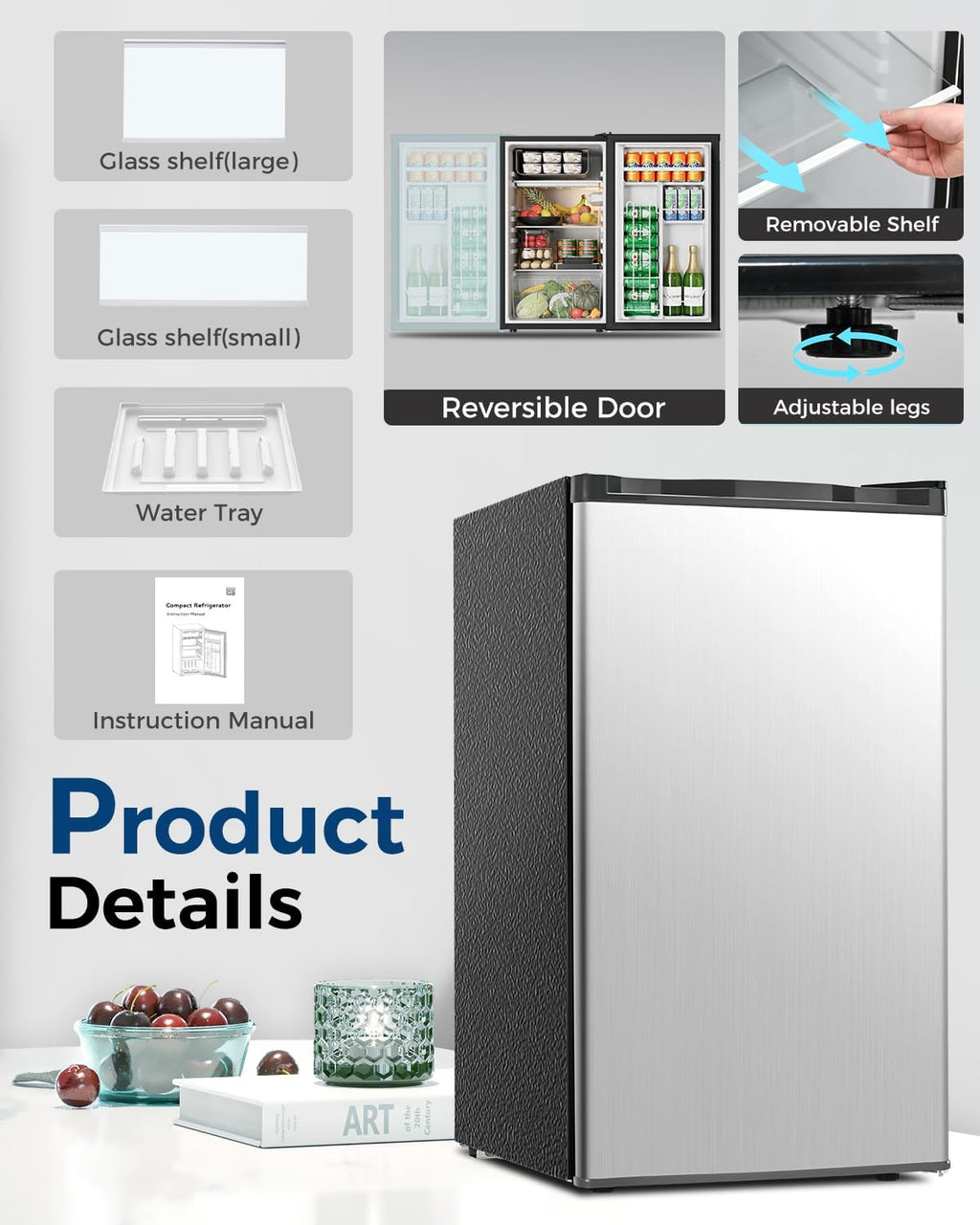 Mini Fridge with Freezer - 3.2 Cu.Ft Single Door Mini Refrigerator with Adjustable Thermostat, Low Noise, Energy Saving, Small Fridge for Bedroom, Apartment, Dorm, Classroom, Office - Silver