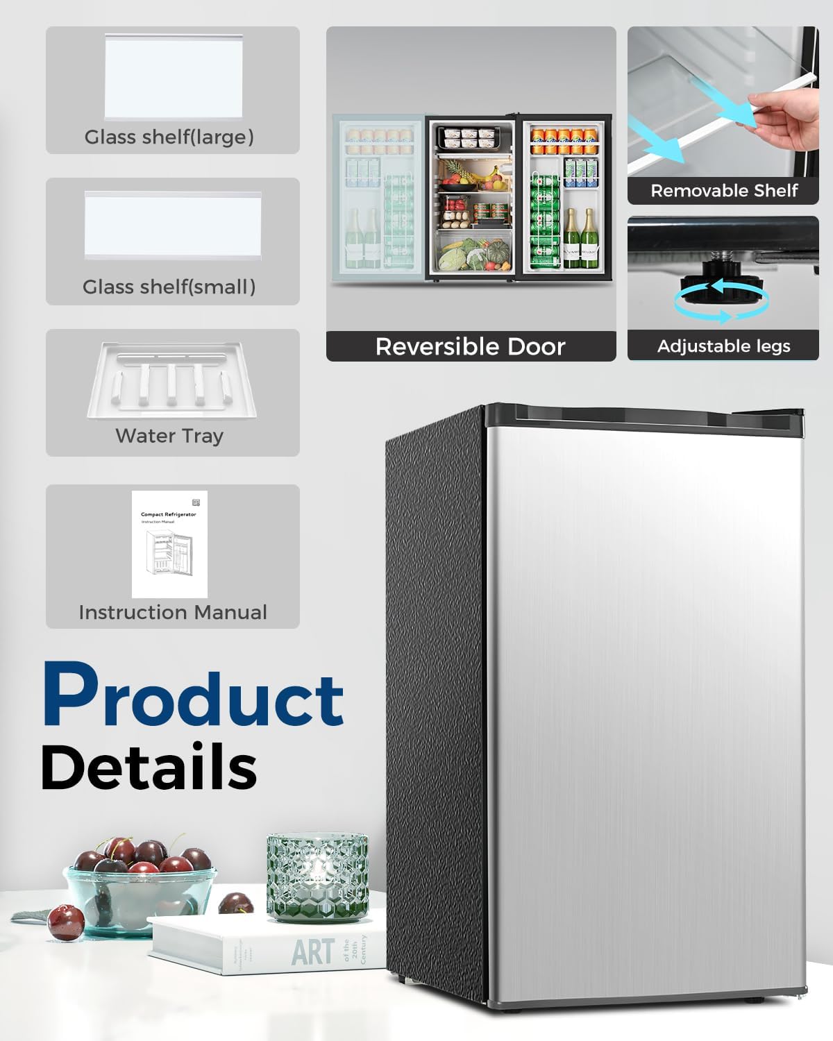Mini Fridge with Freezer - 3.2 Cu.Ft Single Door Mini Refrigerator with Adjustable Thermostat, Low Noise, Energy Saving, Small Fridge for Bedroom, Apartment, Dorm, Classroom, Office - Silver