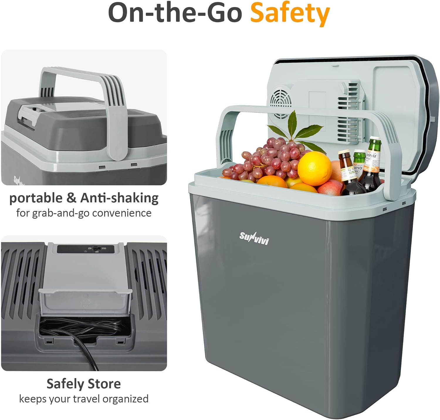 SUNVIVI Electric Cooler & Warmer with Handle, 21QT Portable Thermoelectric Car Refrigerator, Plug-in Mini 12V Fridge for Vehicle, Car fridge for Truck, Travel, Camping, Home, Office, Gray