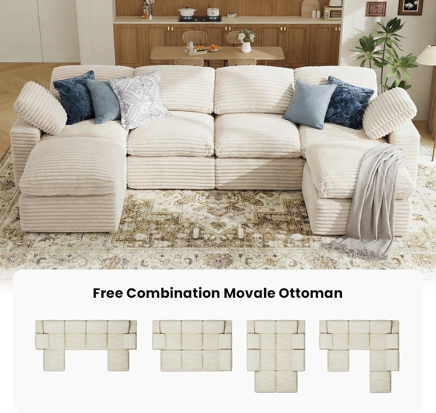 KKL 150" U Shaped Sectional Modular Boneless Sofa, 6 Seater Cloud Couch with Ottoman, Corduroy Sectional Couches for Living Room Bedroom, Beige