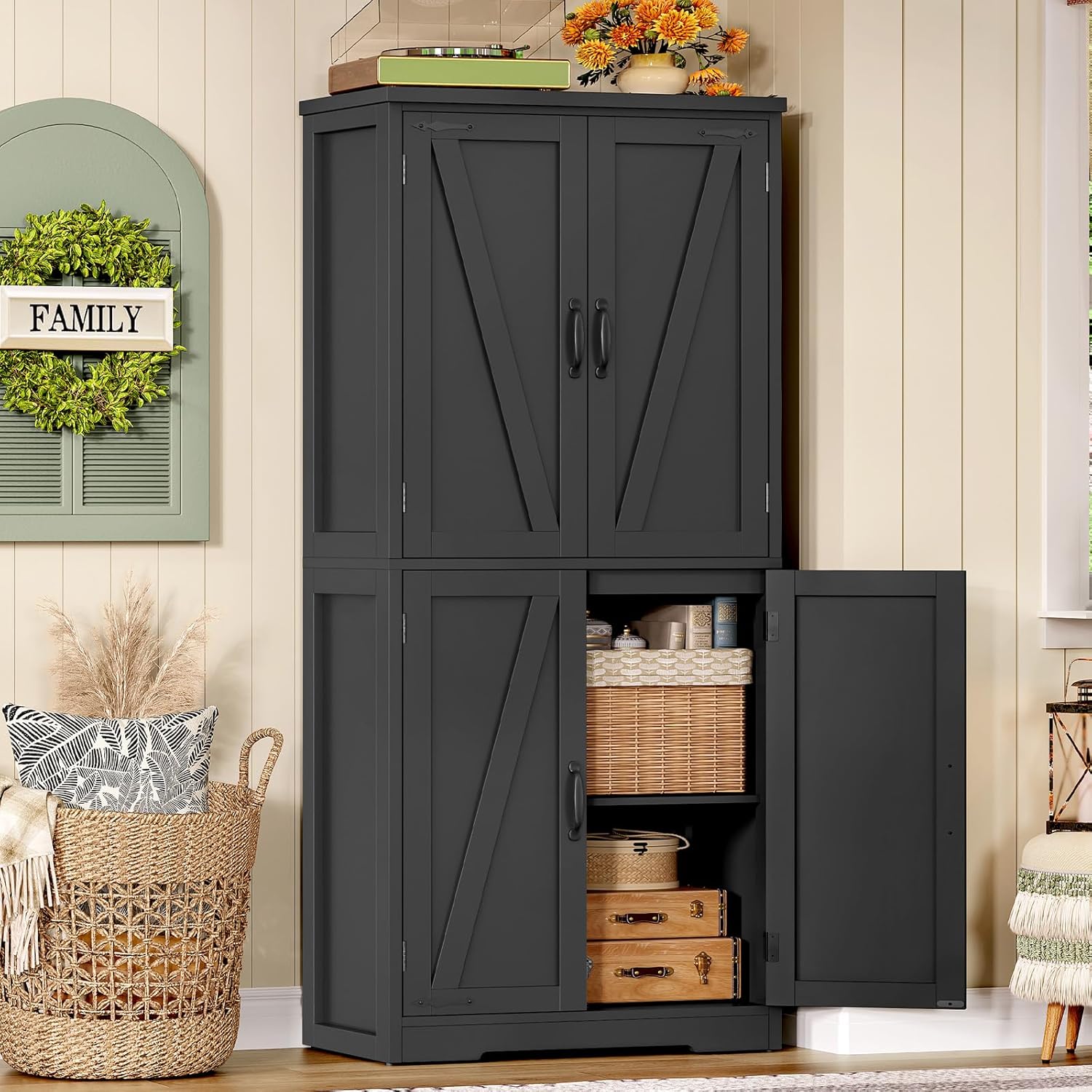 TEENFON 58" H Storage Cabinet with Adjustable Shelf, Kitchen Cabinet with 4 Doors, Farmhouse Pantry Cabinets, Cupboard for Kitchen, Bathroom, Living Room, Black