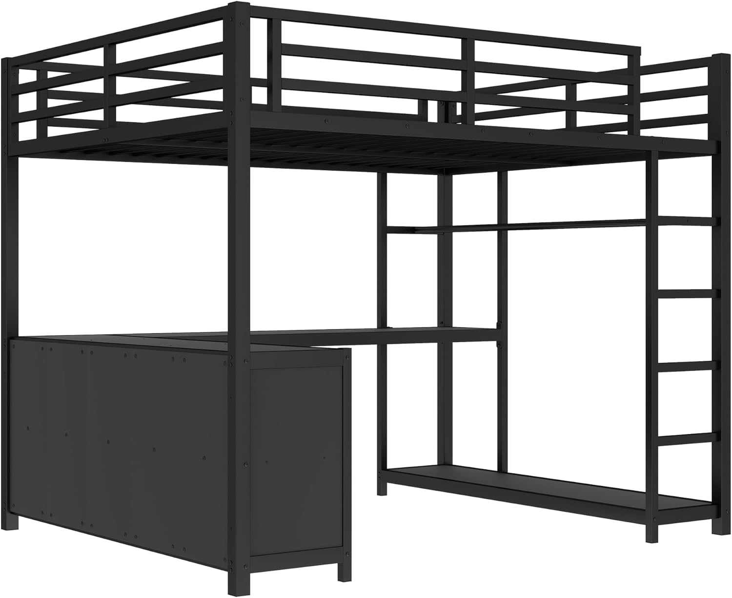 Queen Loft Bed with L-shaped Desk and Wardrobe, Metal Loftbed with Storage Cubes and Shelves, Heavy-duty Loft Bed Frame for Kids, Teens, Adults, Noise-free and No Box Spring Needed Design, Black